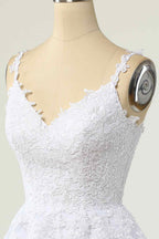 Beach Wedding Dress, A-line V Neck Lace-Up Applique Mini Homecoming Dress