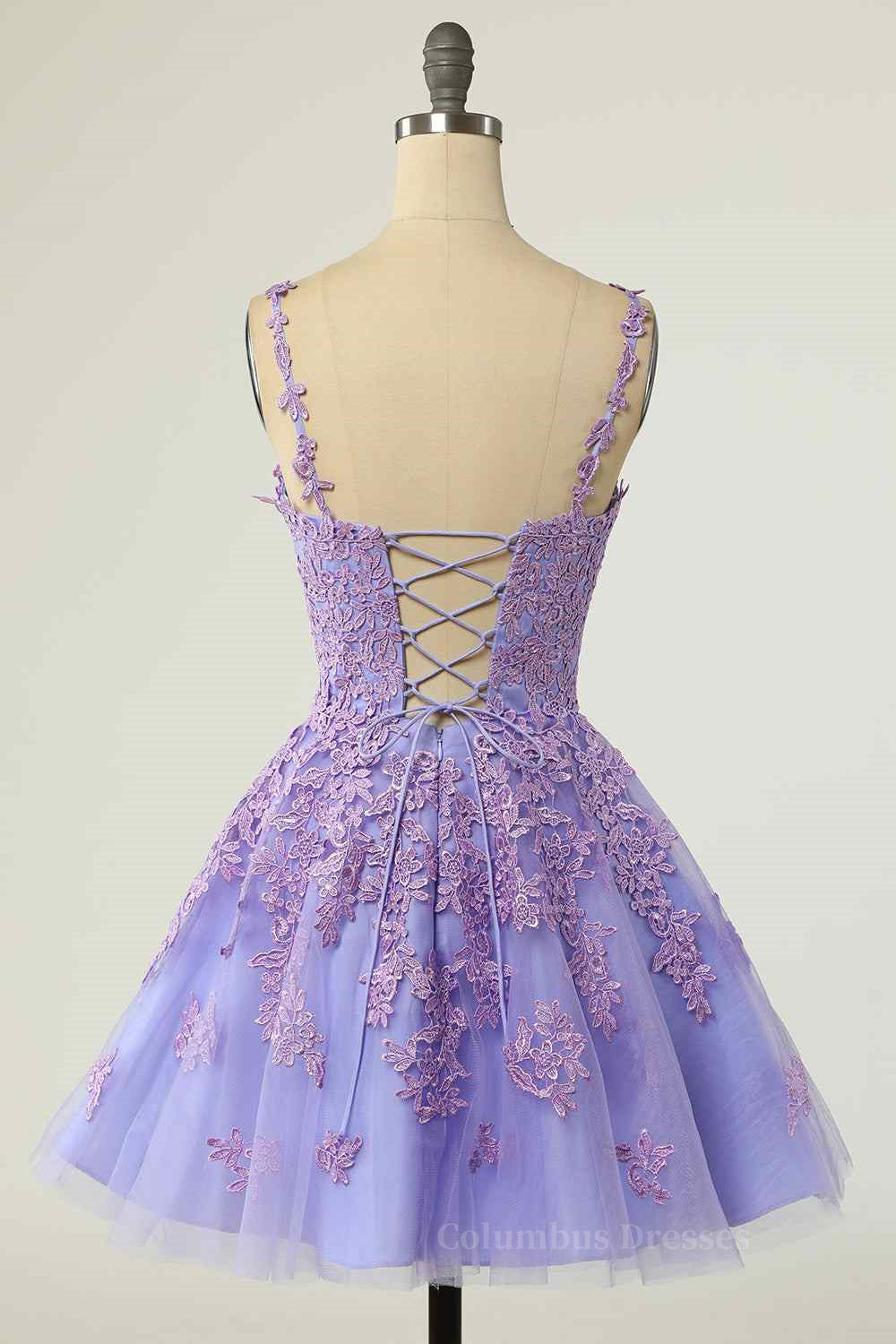 Bridesmaid Dress Strapless, A-line V Neck Lace-Up Applique Mini Homecoming Dress