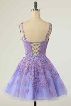 Bridesmaid Dress Strapless, A-line V Neck Lace-Up Applique Mini Homecoming Dress