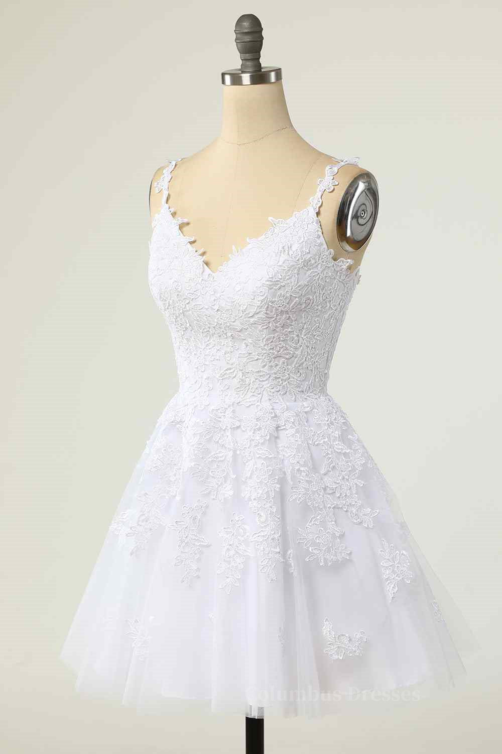 Wedding Photo Ideas, A-line V Neck Lace-Up Applique Mini Homecoming Dress