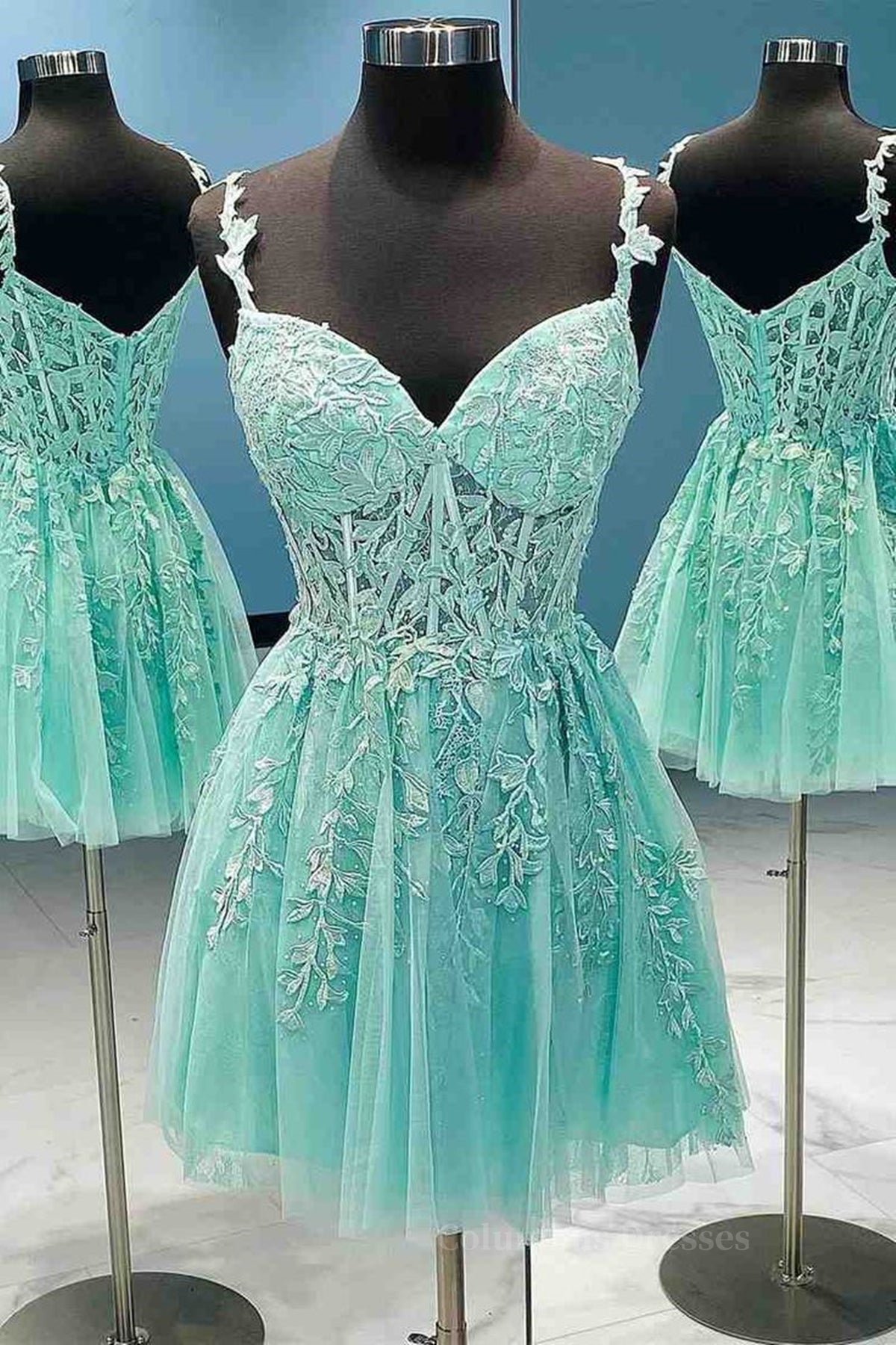 Prom Dresses For Teens, A Line V Neck Short Royal Blue Pink Green Lace Prom Dresses, Short Royal Blue Pink Green Lace Formal Homecoming Dresses Main image