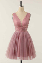 Flower Dress, A-line V Neck Sleeveless Beaded Mini Homecoming Dress