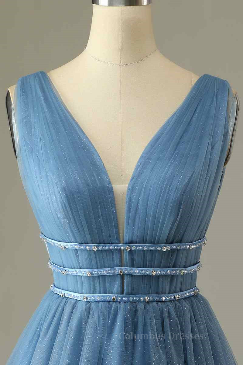 Short Prom Dress, A-line V Neck Sleeveless Beaded Mini Homecoming Dress