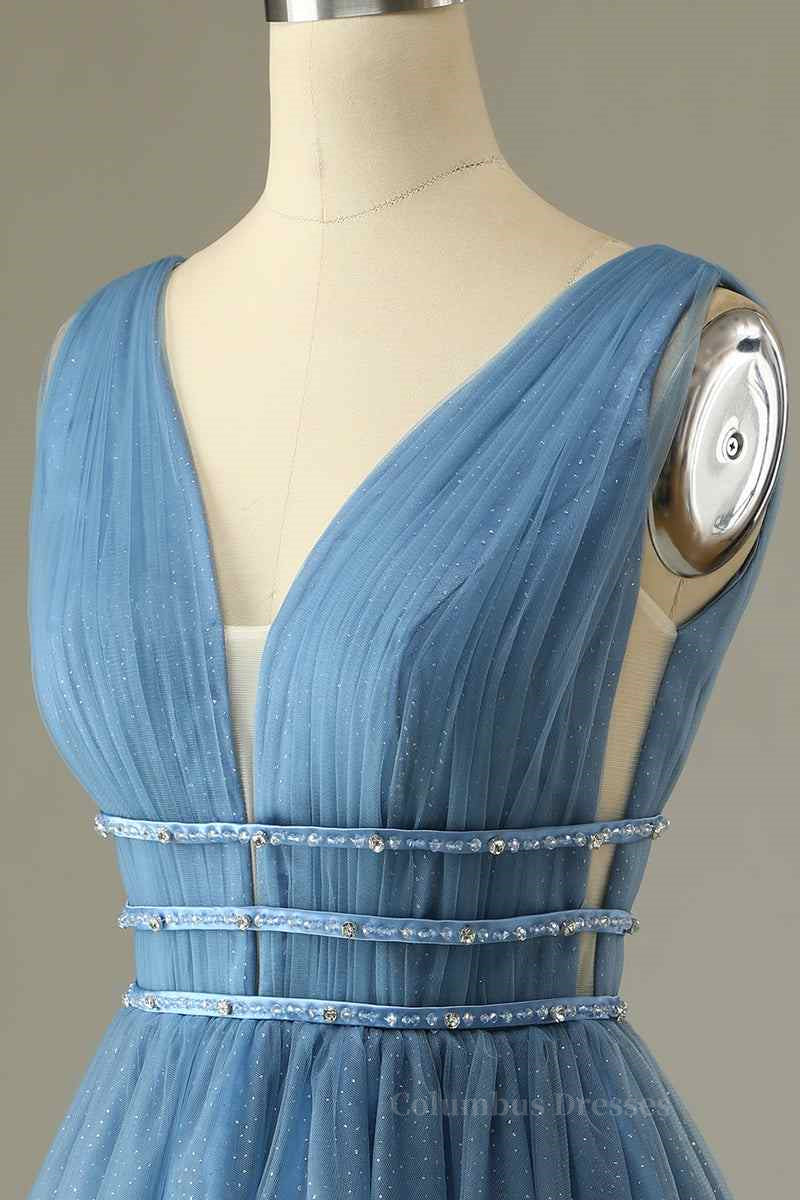 Emerald Green Bridesmaid Dress, A-line V Neck Sleeveless Beaded Mini Homecoming Dress