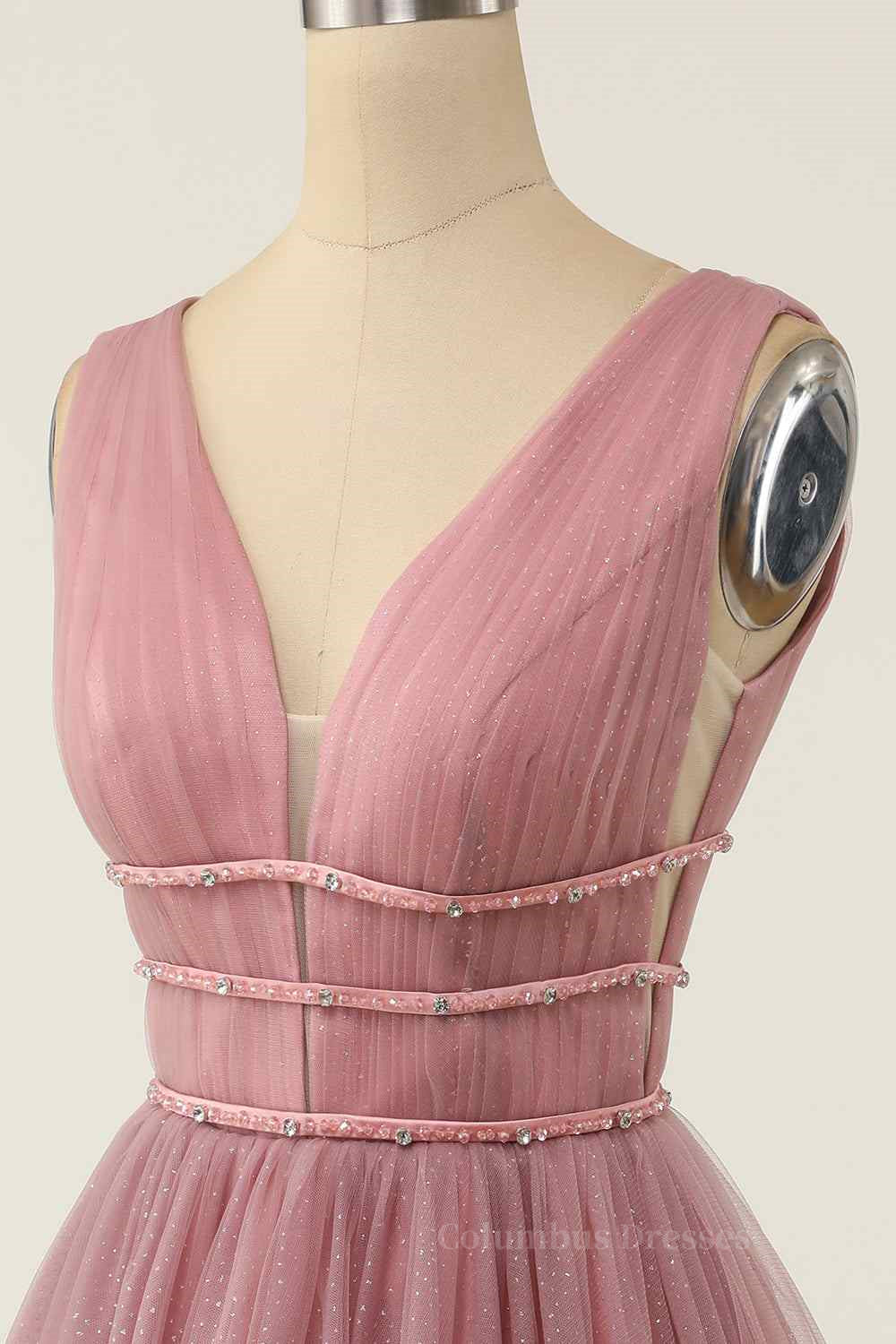 Beach Wedding Guest Dress, A-line V Neck Sleeveless Beaded Mini Homecoming Dress