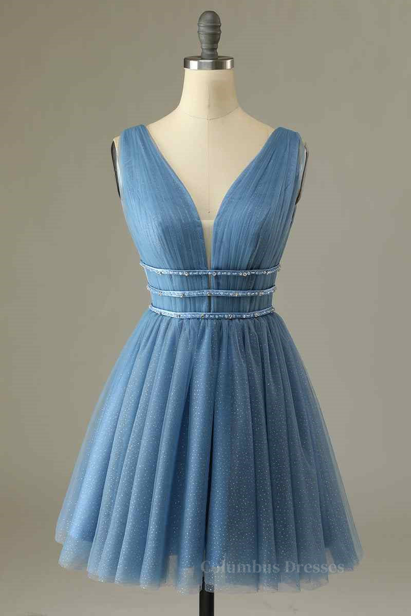 Fashion Dress, A-line V Neck Sleeveless Beaded Mini Homecoming Dress