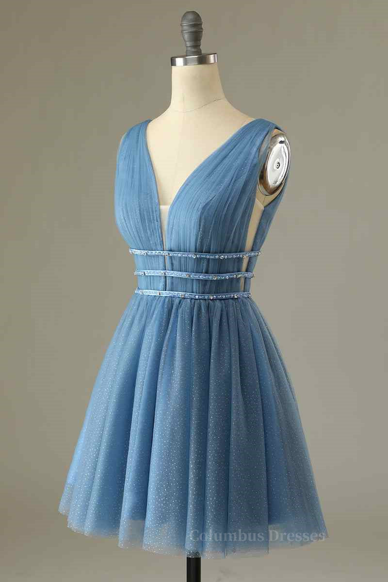 Floral Bridesmaid Dress, A-line V Neck Sleeveless Beaded Mini Homecoming Dress