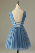 Bridesmaid Nail, A-line V Neck Sleeveless Beaded Mini Homecoming Dress