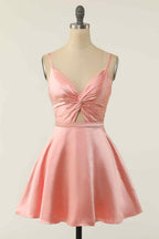 Mismatched Bridesmaid Dress, A-line V Neck Twist Knot Cut-Out Pleated Mini Homecoming Dress