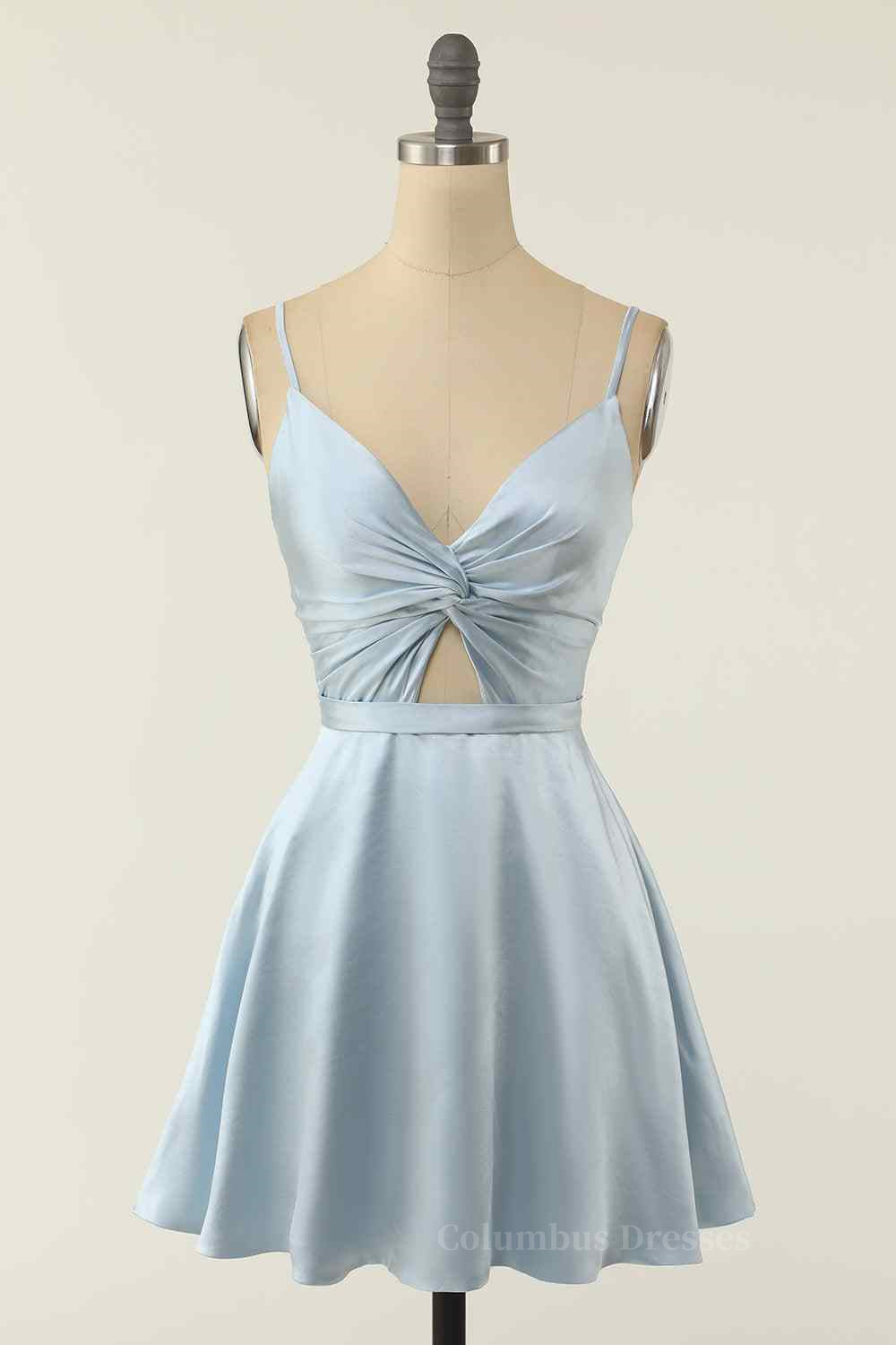 Pretty Prom Dress, A-line V Neck Twist Knot Cut-Out Pleated Mini Homecoming Dress