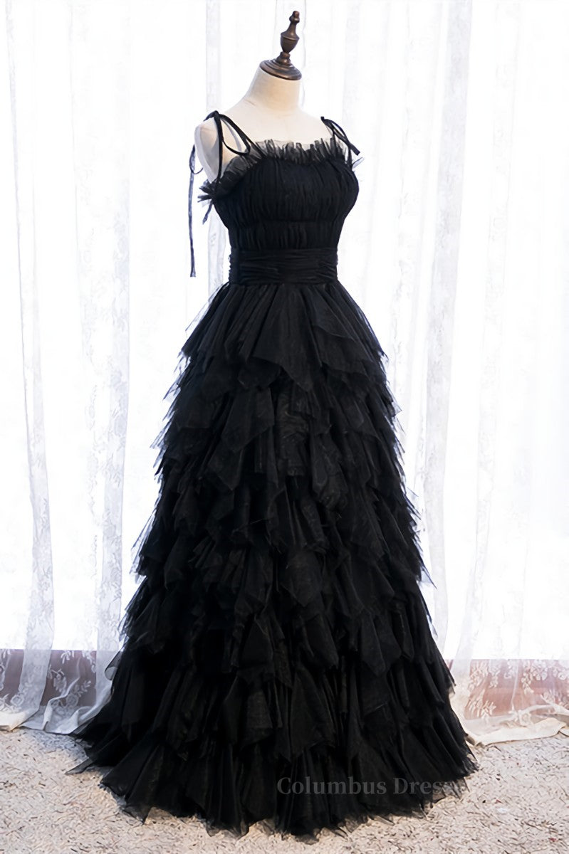 Black A-line Bow Tie Shoulder Ruffle-Layers Maxi Formal Dress Secondary image