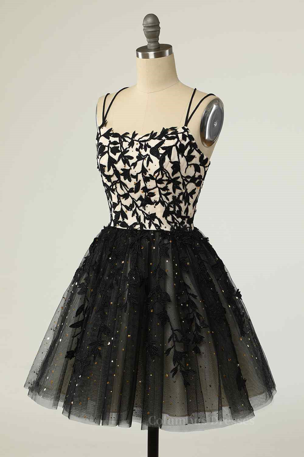 Black A-line Double Spaghetti Straps Lace-Up Applique Mini Homecoming Dress Secondary image