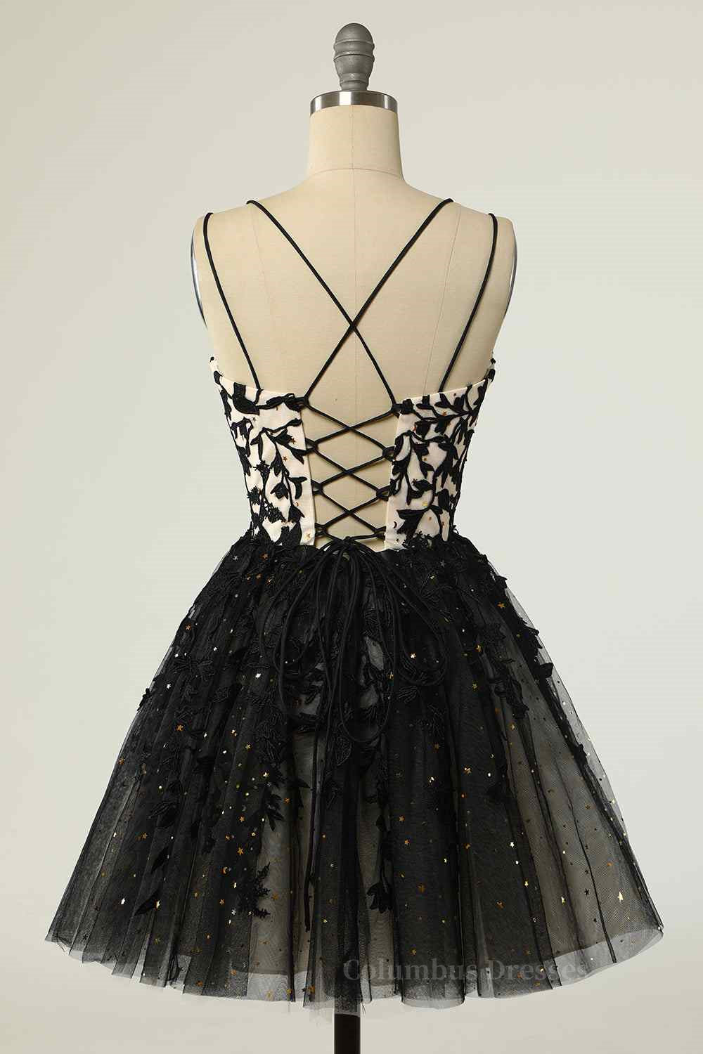 Bridesmaid Dresses Photos Gallery, Black A-line Double Spaghetti Straps Lace-Up Applique Mini Homecoming Dress Main image