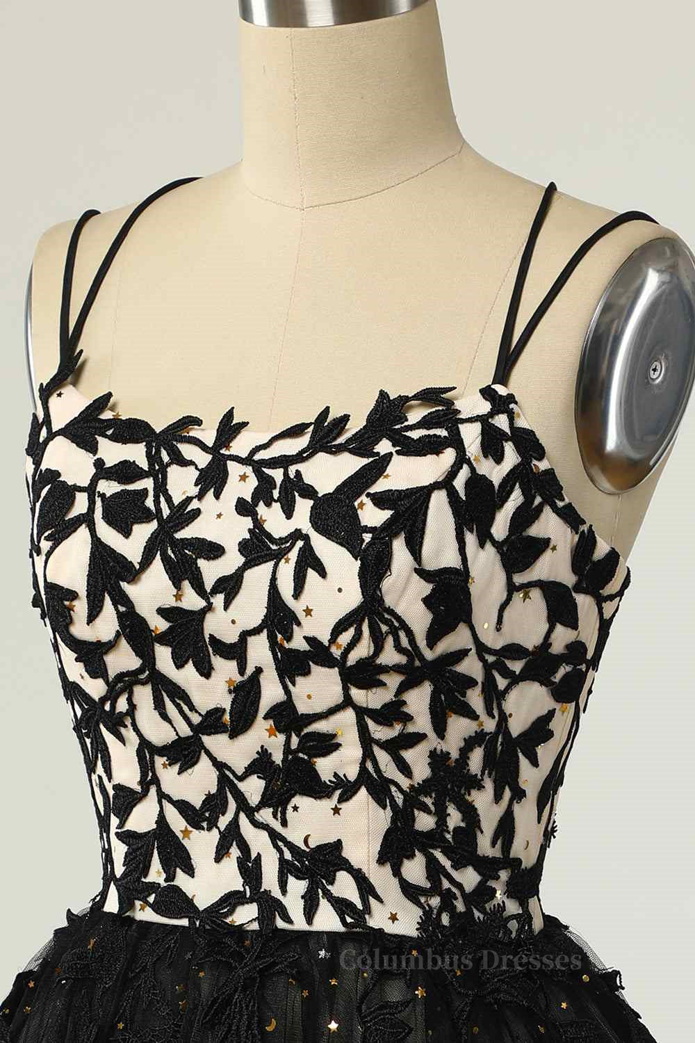 Blue Bridesmaid Dress, Black A-line Double Spaghetti Straps Lace-Up Applique Mini Homecoming Dress