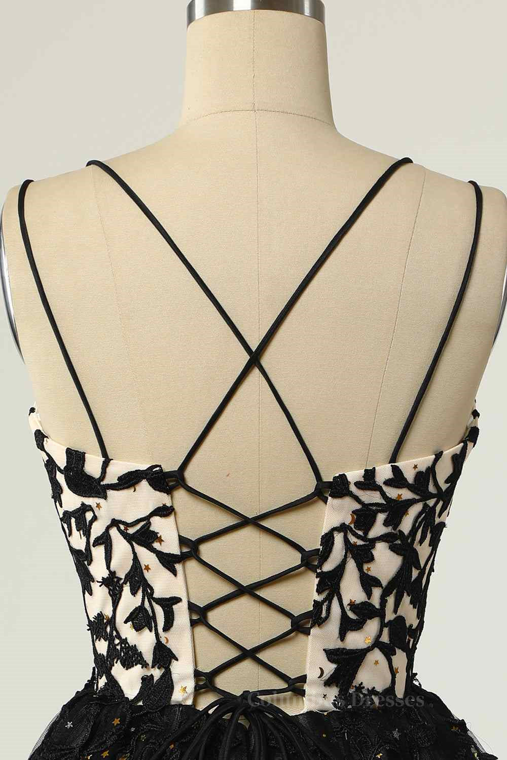 Pink Bridesmaid Dress, Black A-line Double Spaghetti Straps Lace-Up Applique Mini Homecoming Dress
