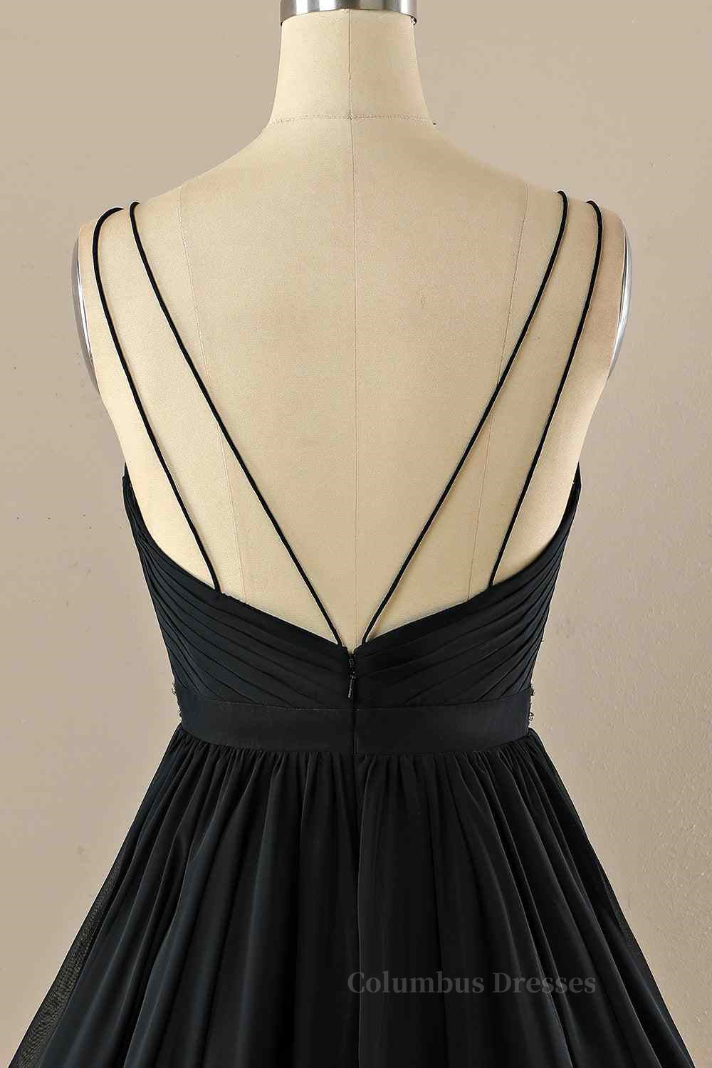 Party Dress Brands Usa, Black A-line Double Straps Pleated Beaded Chiffon Mini Homecoming Dress