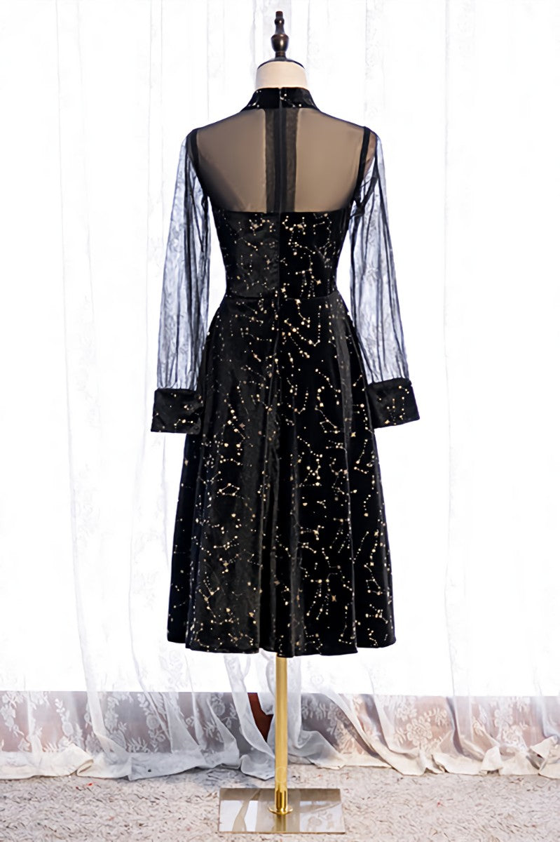 Evening Dresses Fitted, Black A-line Illusion Neck Long Sleeves Print Midi Formal Dress