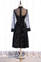 Evening Dresses Fitted, Black A-line Illusion Neck Long Sleeves Print Midi Formal Dress