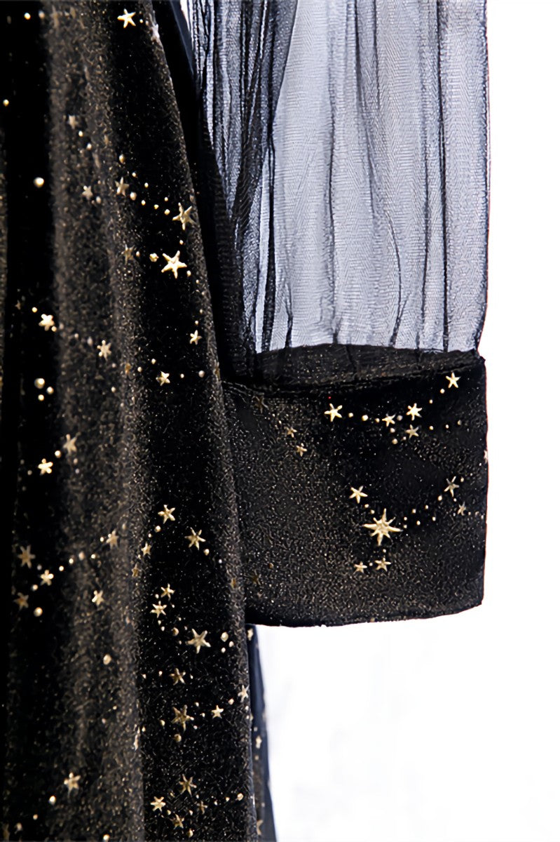 Evening Dress Styles, Black A-line Illusion Neck Long Sleeves Print Midi Formal Dress