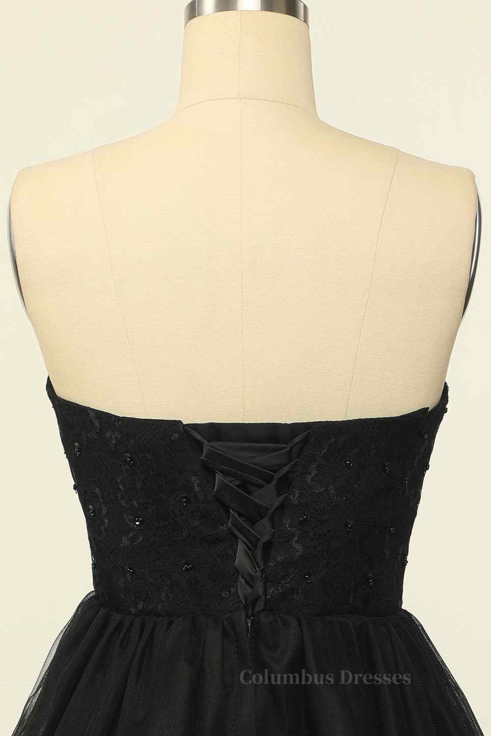 Bridesmaid Dress Short, Black A-line Strapless Lace Beaded Lace-Up Back Mini Homecoming Dress