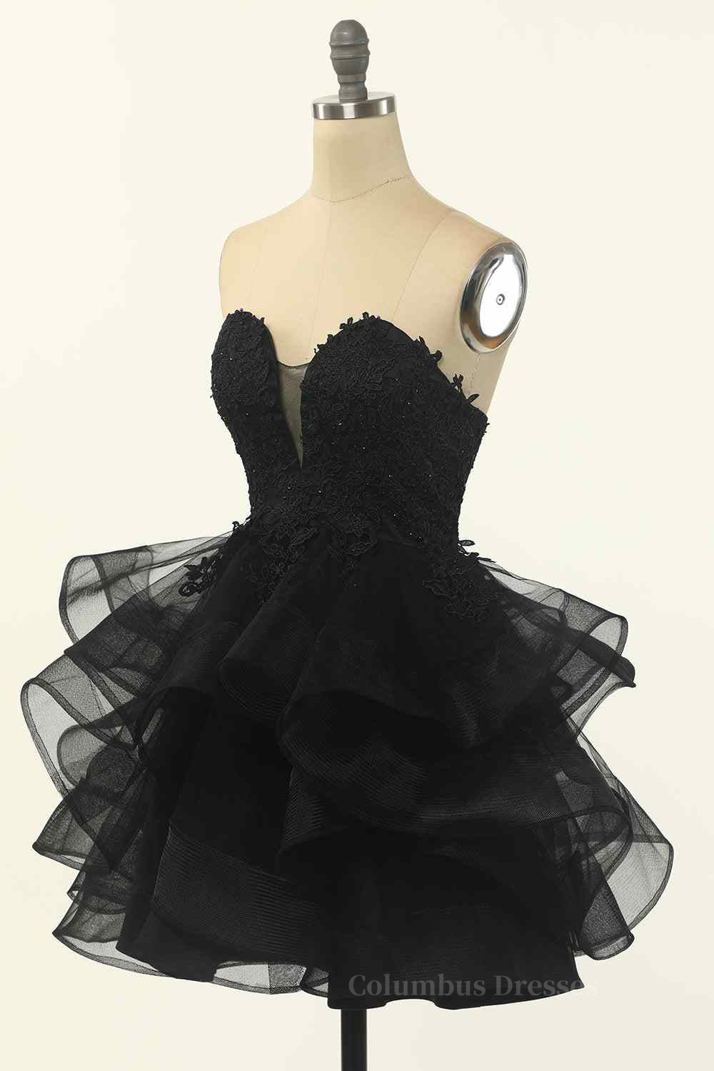 Party Dresses Ideas, Black A-line Strapless V Neck Applique Multi-Layers Mini Homecoming Dress