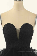 Party Dress Ball, Black A-line Strapless V Neck Applique Multi-Layers Mini Homecoming Dress