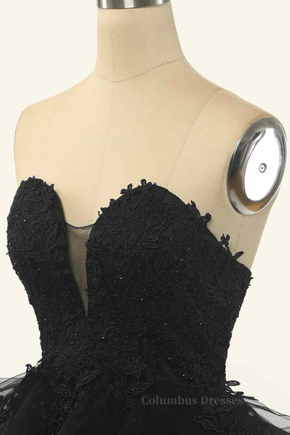Party Dresses And Tops, Black A-line Strapless V Neck Applique Multi-Layers Mini Homecoming Dress