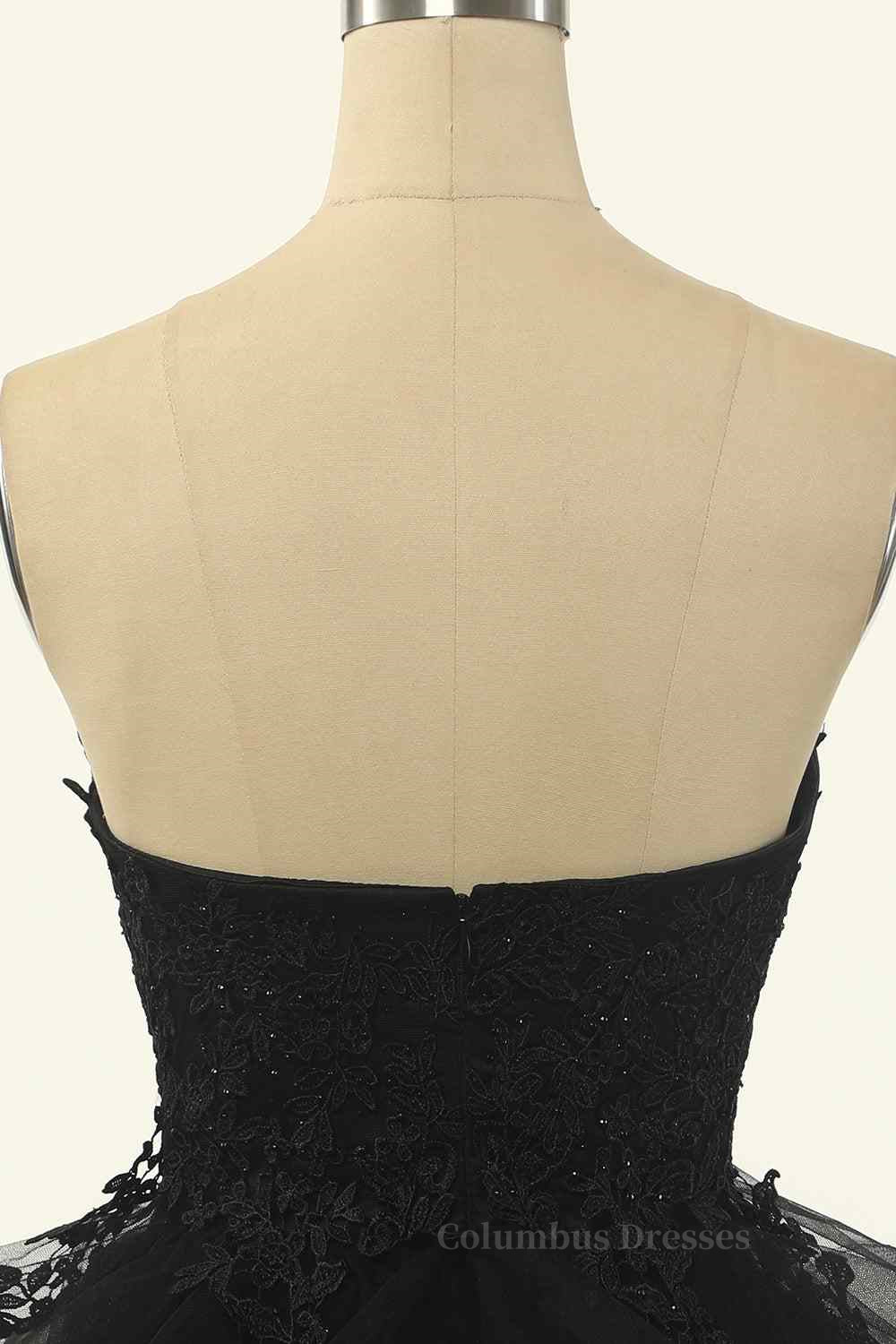 Party Dresses Online Shopping, Black A-line Strapless V Neck Applique Multi-Layers Mini Homecoming Dress