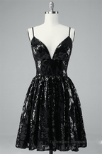 Night Club Outfit, Black A-line V Neck Lace-Up Back Sequins-Embroidered Mini Dress