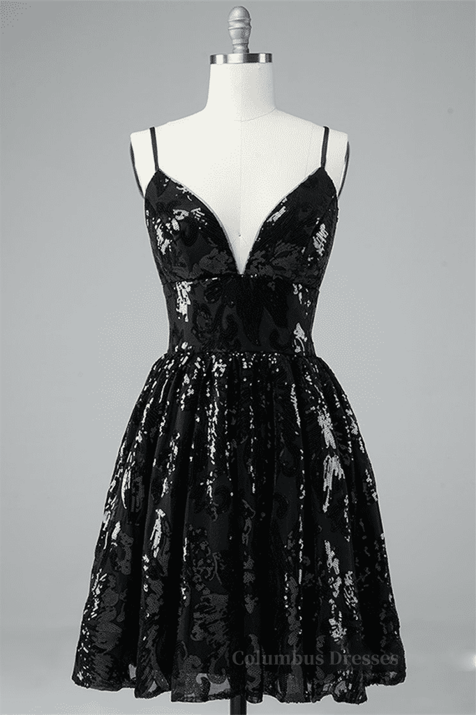 Night Club Outfit, Black A-line V Neck Lace-Up Back Sequins-Embroidered Mini Dress