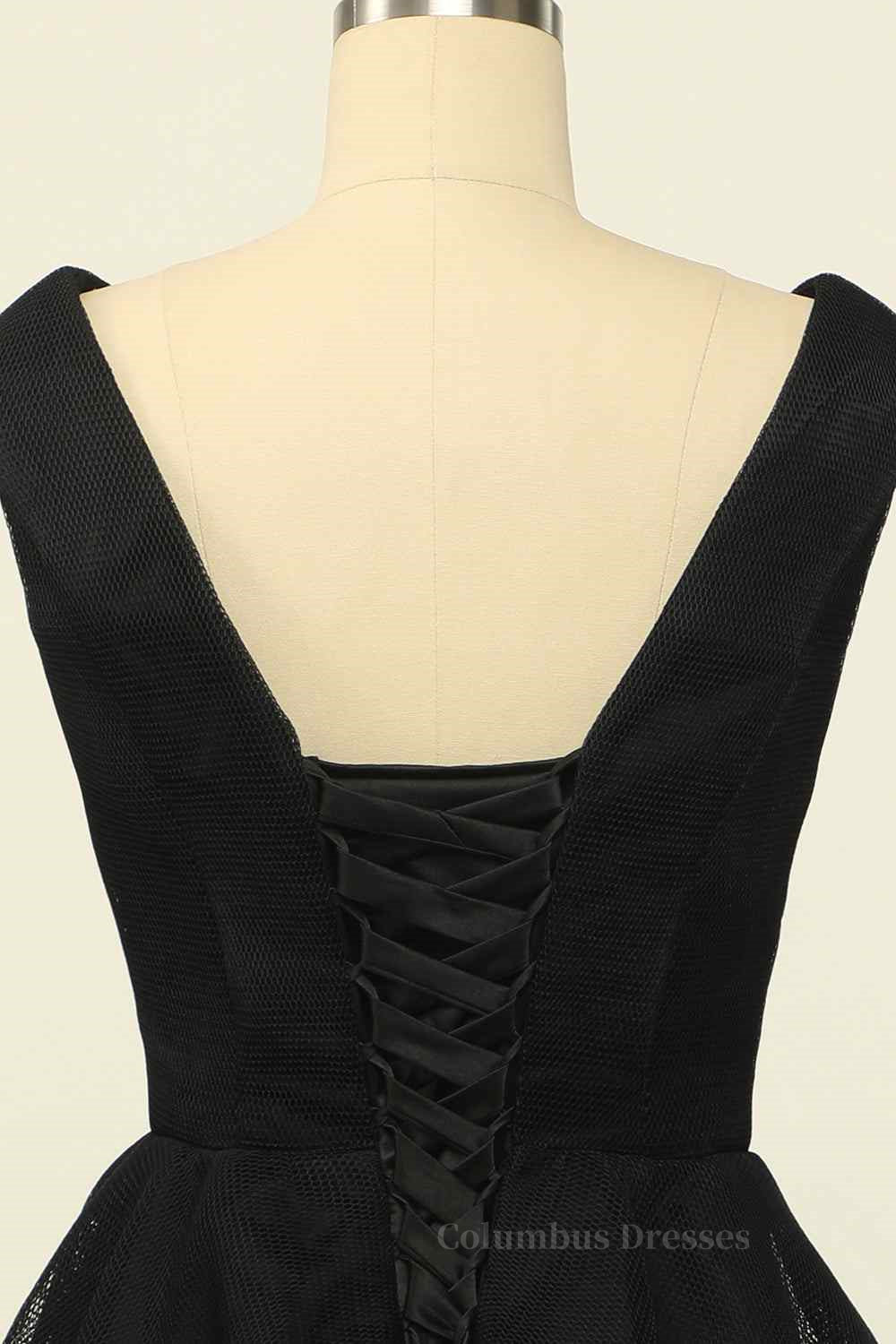 Bachelorette Party Theme, Black A-line V Neck Sleeveless Lace-Up Back Tulle Mini Homecoming Dress