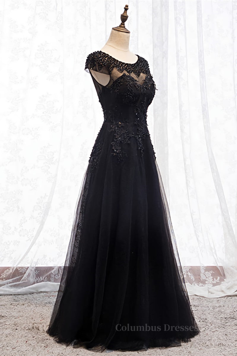 Homecoming Dresses Simpl, Black Illusion Scoop Neck Cap Sleeves Beaded Appliques Maxi Formal Dress