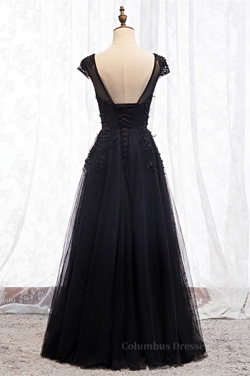 Homecoming Dress Boutiques, Black Illusion Scoop Neck Cap Sleeves Beaded Appliques Maxi Formal Dress Main image