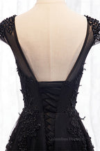 Homecoming Dresses With Tulle, Black Illusion Scoop Neck Cap Sleeves Beaded Appliques Maxi Formal Dress