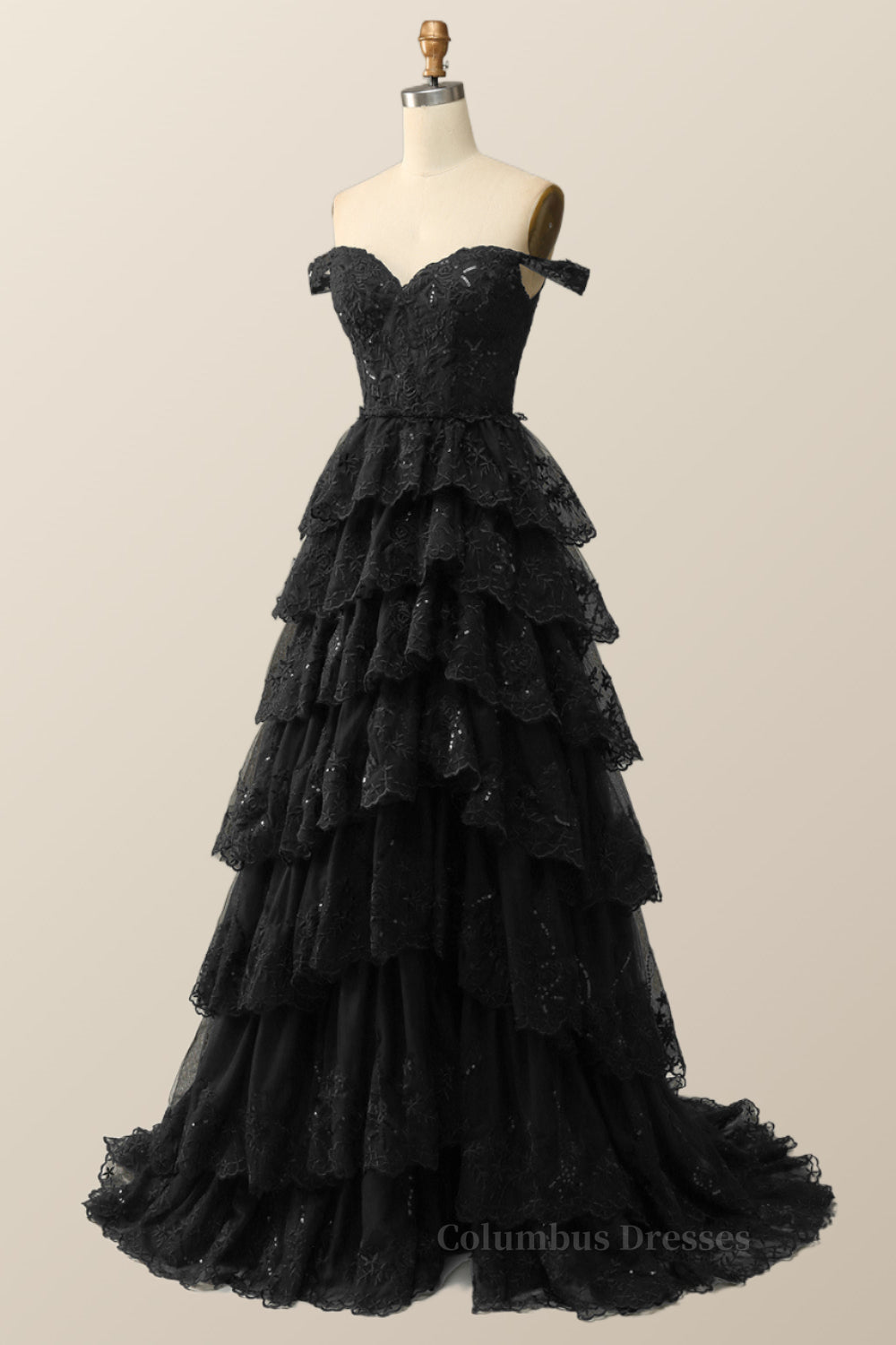 Black Lace Off the Shoulder Tiered Layers Long Formal Gown Secondary image