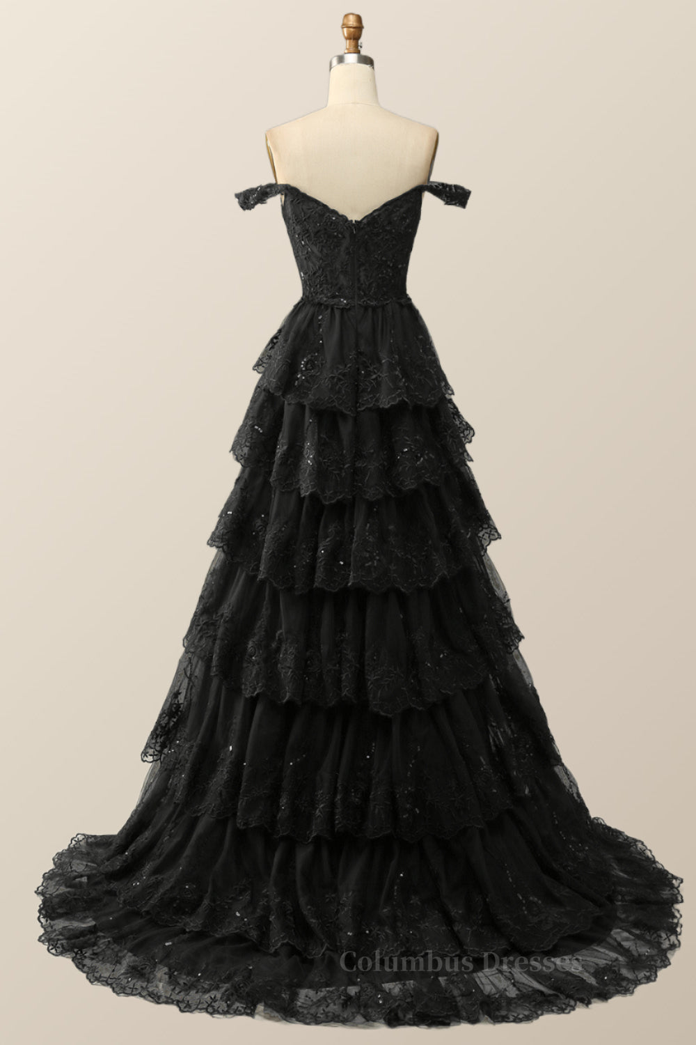 Prom Dresses For Warm Weather, Black Lace Off the Shoulder Tiered Layers Long Formal Gown Main image