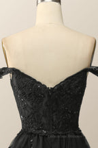 Prom Dresses For Blondes, Black Lace Off the Shoulder Tiered Layers Long Formal Gown