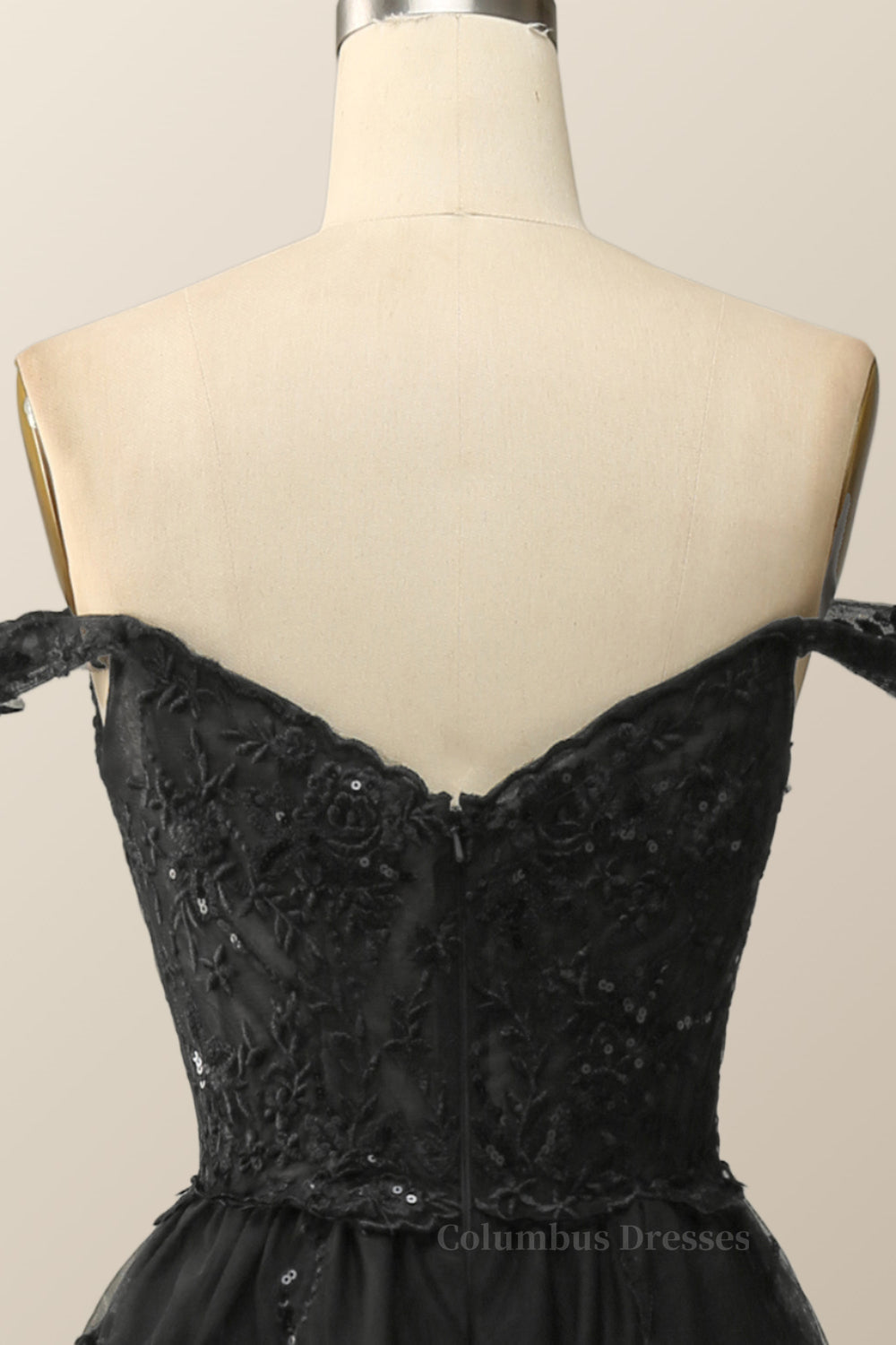 Prom Dresses For Blondes, Black Lace Off the Shoulder Tiered Layers Long Formal Gown