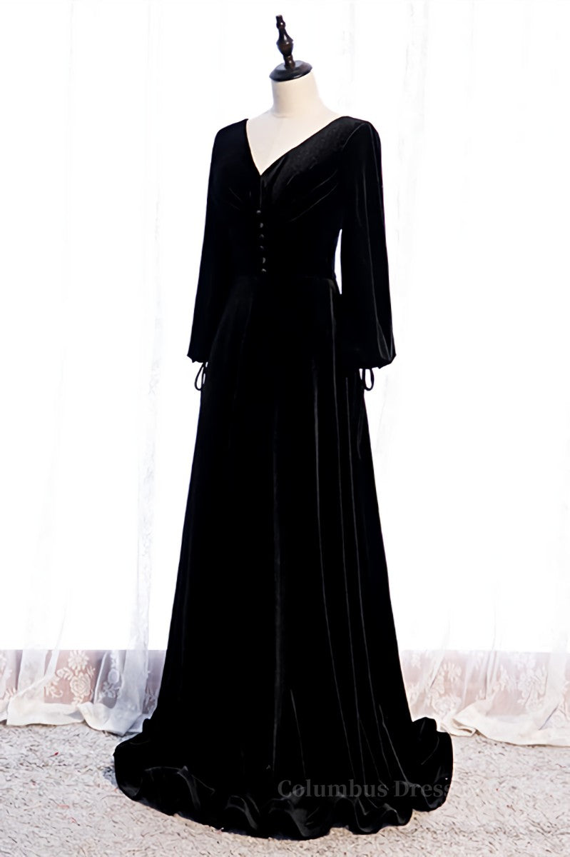 Black Mermaid V Neck Long Sleeves Lace-Up Velvet Maxi Formal Dress Secondary image