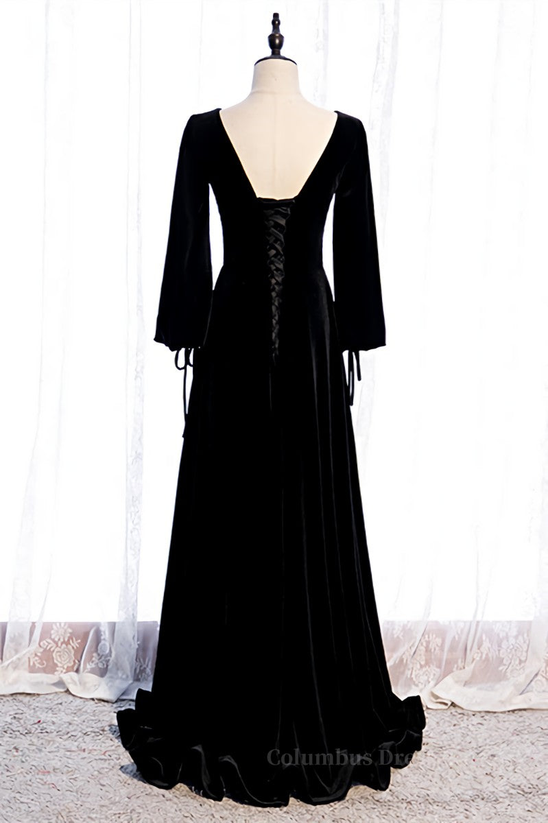 Evening Dress With Sleeves, Black Mermaid V Neck Long Sleeves Lace-Up Velvet Maxi Formal Dress Main image