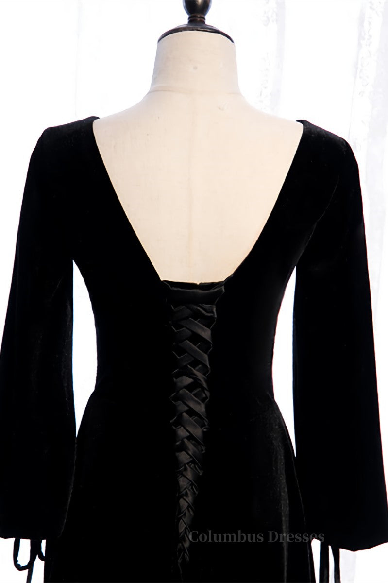 Evenning Dress For Wedding Guest, Black Mermaid V Neck Long Sleeves Lace-Up Velvet Maxi Formal Dress