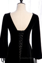 Evenning Dress For Wedding Guest, Black Mermaid V Neck Long Sleeves Lace-Up Velvet Maxi Formal Dress
