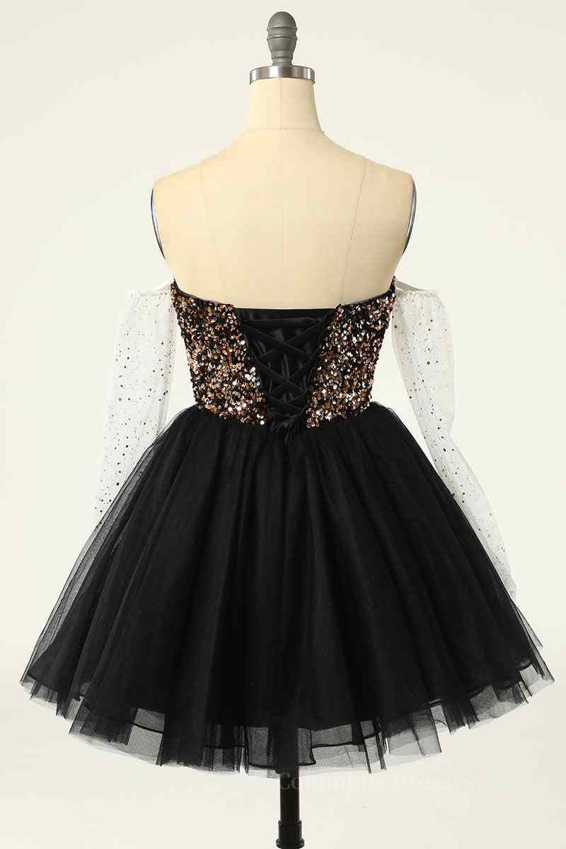Party Dress Quick, Black Off-the-Shoulder A-line Long Sleeves Sequins Mini Homecoming Dress Main image