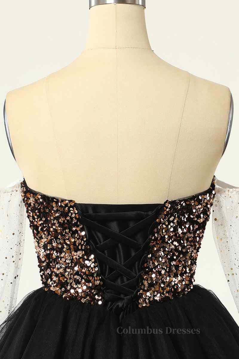 Party Dress Lady, Black Off-the-Shoulder A-line Long Sleeves Sequins Mini Homecoming Dress