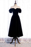Evening Dress Cheap, Black Off-the-Shoulder Puff Sleeves Sweetheart Velvet Midi Formal Dress
