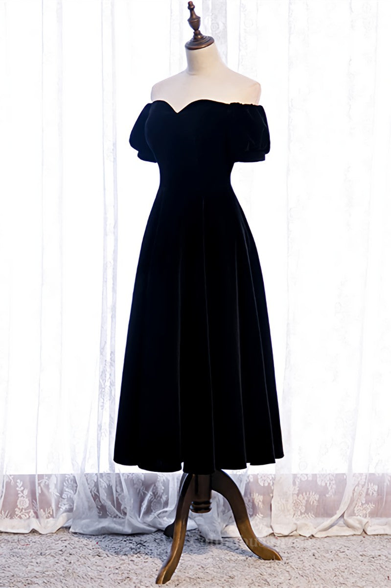 Black Off-the-Shoulder Puff Sleeves Sweetheart Velvet Midi Formal Dress Secondary image