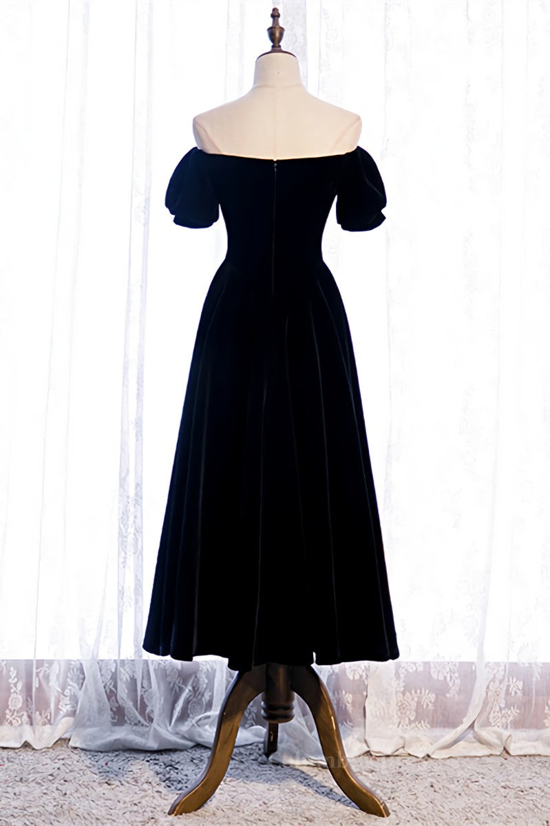 Evening Dress Formal, Black Off-the-Shoulder Puff Sleeves Sweetheart Velvet Midi Formal Dress Main image