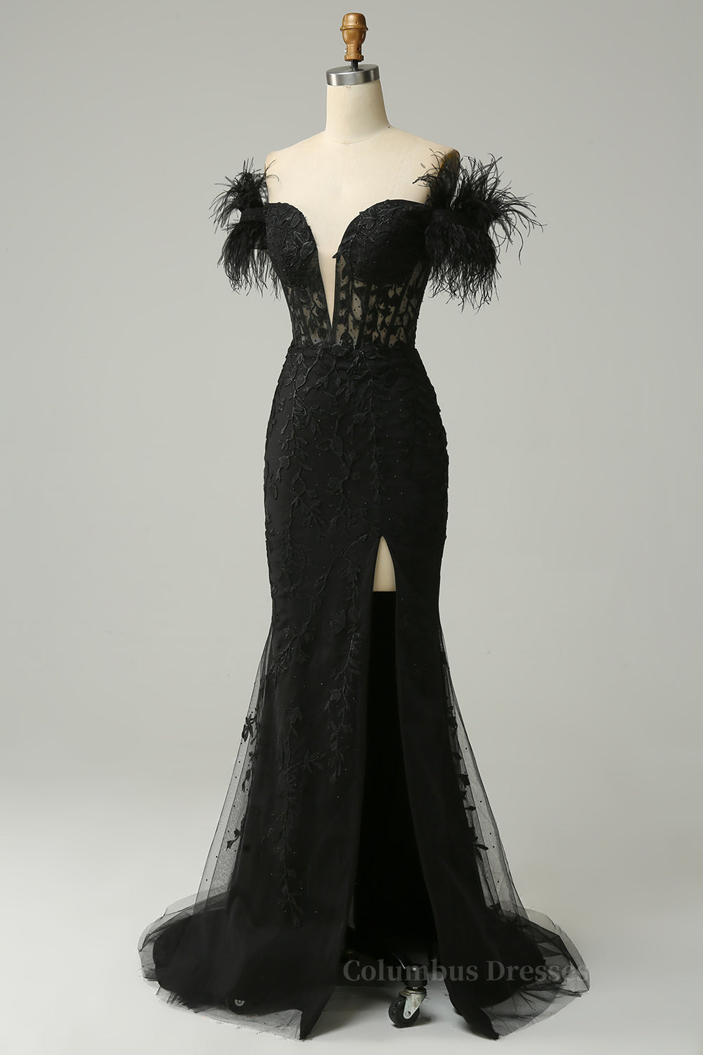 Black Plunging Off-the-Shoulder Feathers Mermaid Long Prom Dress with Slit Secondary image