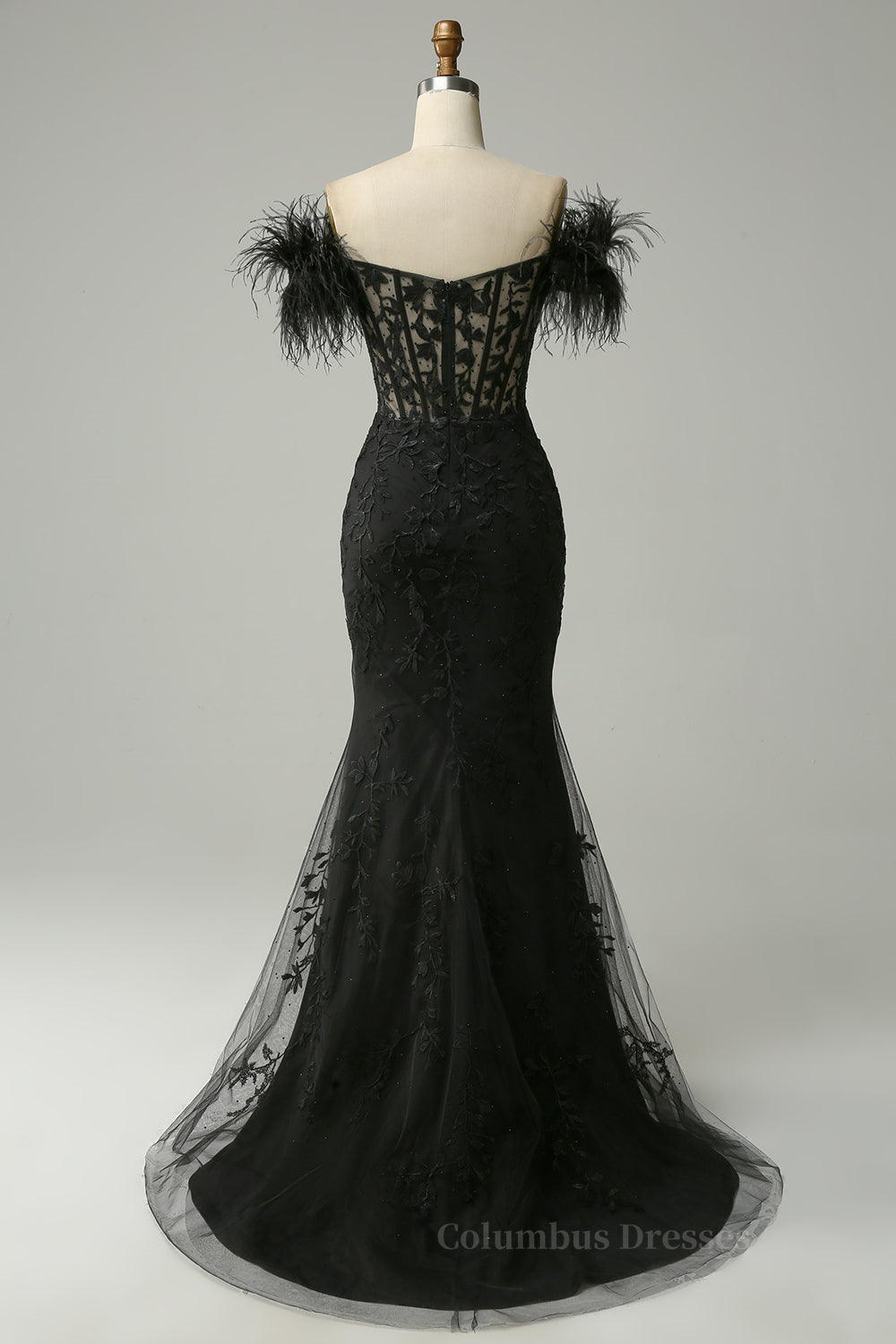 Pretty Prom Dress, Black Plunging Off-the-Shoulder Feathers Mermaid Long Prom Dress with Slit Main image