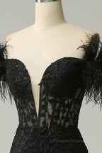 Wedding Inspiration, Black Plunging Off-the-Shoulder Feathers Mermaid Long Prom Dress with Slit